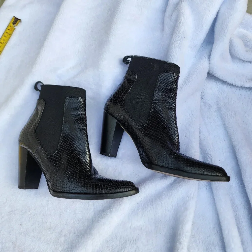 Zara Faux Snakeskin Chelsea Ankle Boots Black Pointed Toe Heeled 38 7.5 - Picture 2 of 12